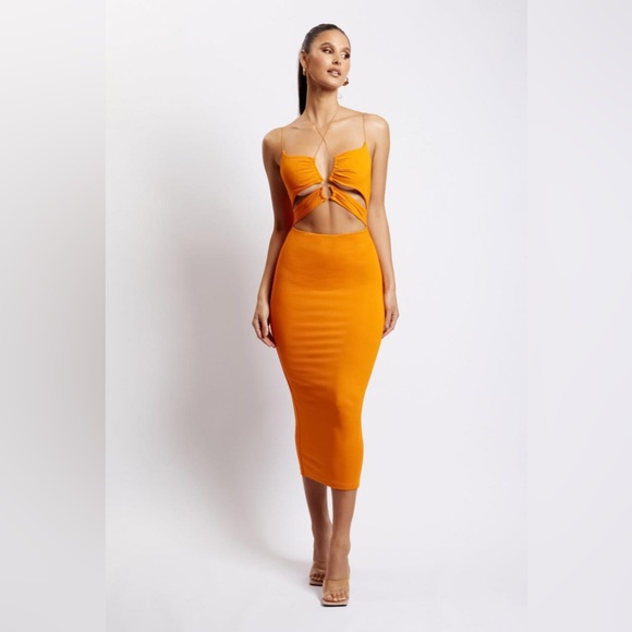 Meshki Dresses & Skirts - NWOT Meshki Indiana Ruched Cut Out Midi Dress in Mandarin